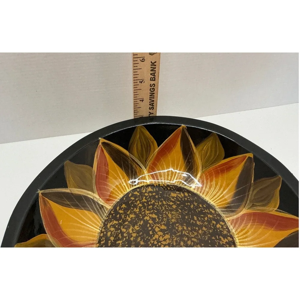 Vintage Sunflower Decorative Bowl Hand Painted Floral Glossy Black 11 Inch